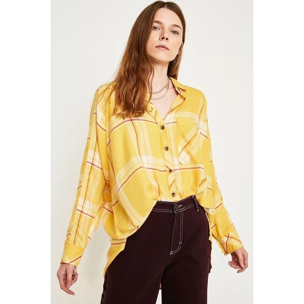 NWT Urban Outfitters BDG Brendan Yellow Drapey Oversized Flannel Button-Through